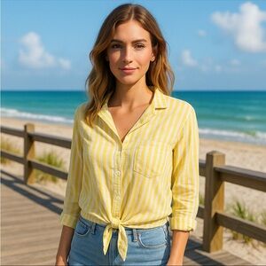 Beach Lunch Lounge Women’s Yellow Striped long sleeve Stretch Waistband Size M